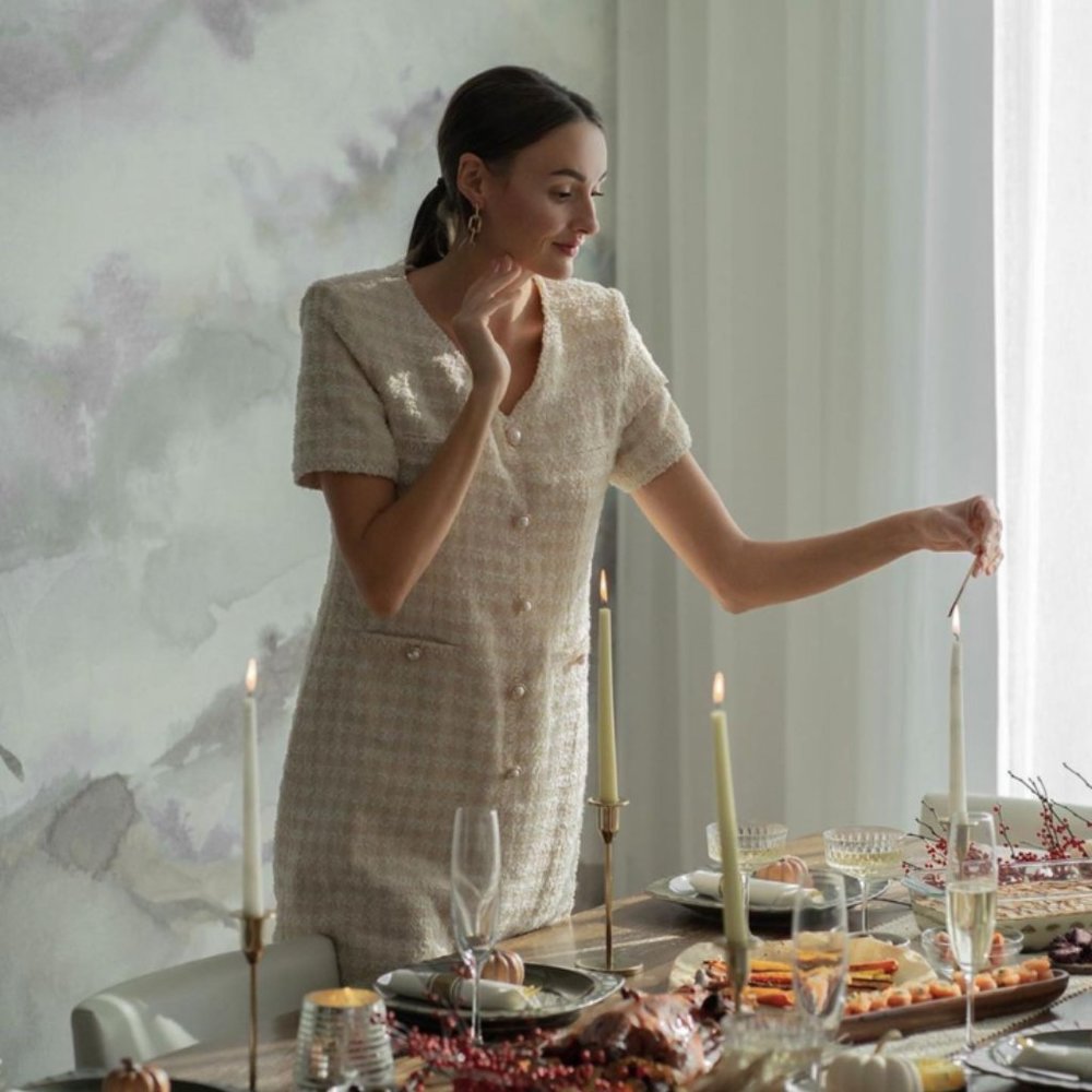 Urban Revivo Pale Lemon Houndstooth Luxury Dress Size 4 Pearl Buttons Inspired